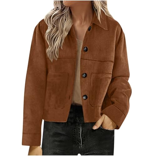 AYSDSKI Kurz Faux Wildlederjacke Damen Umschlagkragen Übergangsjacke mit Knopfleiste Langarm Cropped Jacke mit Taschen Autumn Winter Mantel Modische Wildleder Kurzjacke von AYSDSKI
