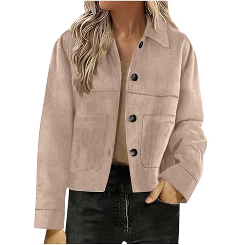 AYSDSKI Kurz Faux Wildlederjacke Damen Umschlagkragen Übergangsjacke mit Knopfleiste Langarm Cropped Jacke mit Taschen Autumn Winter Mantel Modische Wildleder Kurzjacke von AYSDSKI