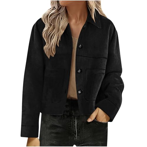 AYSDSKI Kurz Faux Wildlederjacke Damen Umschlagkragen Übergangsjacke mit Knopfleiste Langarm Cropped Jacke mit Taschen Autumn Winter Mantel Modische Wildleder Kurzjacke von AYSDSKI