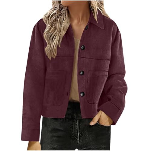 AYSDSKI Kurz Faux Wildlederjacke Damen Umschlagkragen Übergangsjacke mit Knopfleiste Langarm Cropped Jacke mit Taschen Autumn Winter Mantel Modische Wildleder Kurzjacke von AYSDSKI