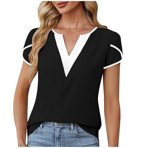 AYSDSKI Kurzarm Bluse Damen V-Ausschnitt T-Shirt Kontrastfarbene Nähte Oberteile Blütenblattärmel Tshirt Elegant Sommer Pullover Tops S-3XL von AYSDSKI