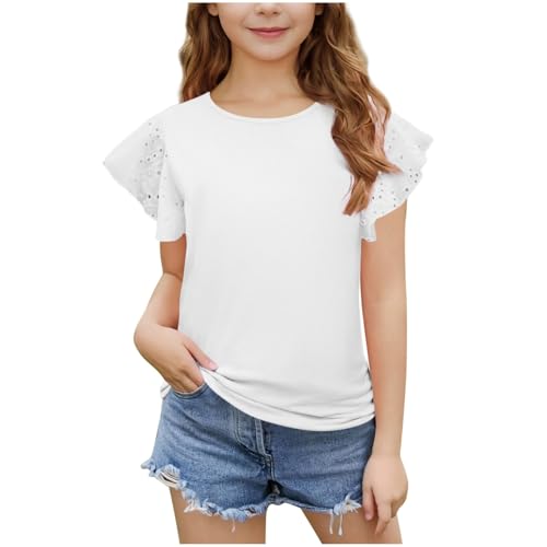 AYSDSKI Kurzarm Bluse Mädchen Einfarbig T-Shirt Hohl Rüschen Ärmel Tshirt Kinder Kawaii Blusentop Rundhal Oberteile Sommer Pullover 3-14 Jahre von AYSDSKI