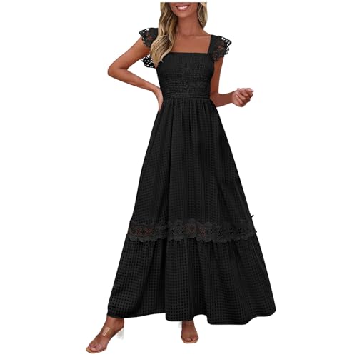 AYSDSKI Lang Kleider Damen Spitze Patchwork Maxikleid Hohe Taille Sommerkleid Einfarbig Tunikakleid Sommer Ärmellos Dress Falten Tankkleid Eckiger Ausschnitt Kleid von AYSDSKI