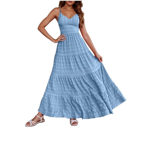 AYSDSKI Lang Trägerkleid Damen V-Ausschnitt Kleider Rückenfreies Sommerkleid Ärmellos Maxikleid Kleid mit Schmetterlingsbänder auf der Rückseite Sommer Strandkleid Falten Dress von AYSDSKI