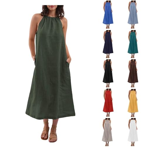 AYSDSKI Musselin Kleider Damen Lang Sommer Kleid Einfarbig Trägerkleid Ärmellos Sommerkleid Lockere Dress mit Taschen Atmungsaktiv Maxikleid Strandkleid von AYSDSKI