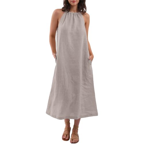 AYSDSKI Musselin Kleider Damen Lang Sommer Kleid Einfarbig Trägerkleid Ärmellos Sommerkleid Lockere Dress mit Taschen Atmungsaktiv Maxikleid Strandkleid von AYSDSKI