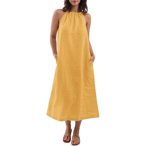 AYSDSKI Musselin Kleider Damen Lang Sommer Kleid Einfarbig Trägerkleid Ärmellos Sommerkleid Lockere Dress mit Taschen Atmungsaktiv Maxikleid Strandkleid von AYSDSKI