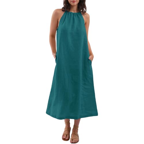 AYSDSKI Musselin Kleider Damen Lang Sommer Kleid Einfarbig Trägerkleid Ärmellos Sommerkleid Lockere Dress mit Taschen Atmungsaktiv Maxikleid Strandkleid von AYSDSKI