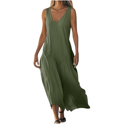 AYSDSKI Musselin Sommerkleid Damen V-Ausschnitt Tankkleid Einfarbig Maxikleid Lockere Kleider Lang Ärmellos Kleid Sommer Dress Freizeitkleid von AYSDSKI