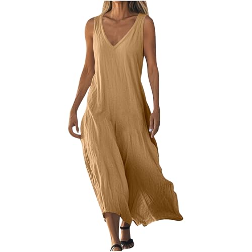 AYSDSKI Musselin Sommerkleid Damen V-Ausschnitt Tankkleid Einfarbig Maxikleid Lockere Kleider Lang Ärmellos Kleid Sommer Dress Freizeitkleid von AYSDSKI