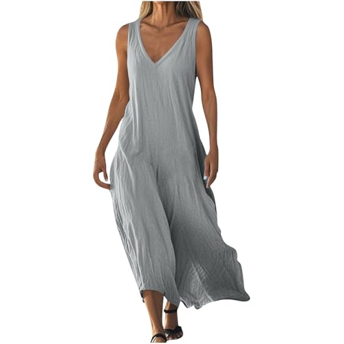 AYSDSKI Musselin Sommerkleid Damen V-Ausschnitt Tankkleid Einfarbig Maxikleid Lockere Kleider Lang Ärmellos Kleid Sommer Dress Freizeitkleid von AYSDSKI