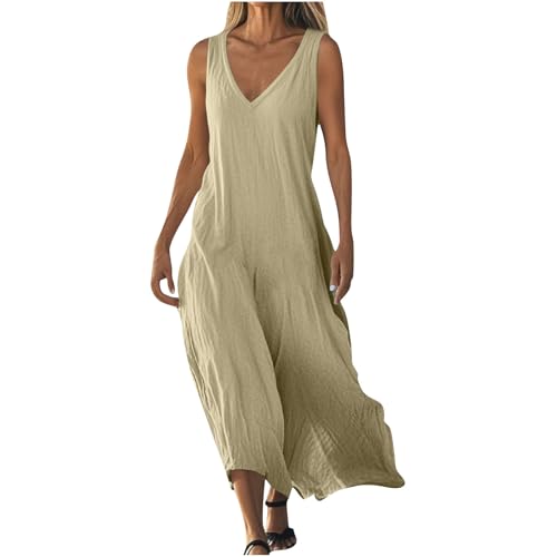 AYSDSKI Musselin Sommerkleid Damen V-Ausschnitt Tankkleid Einfarbig Maxikleid Lockere Kleider Lang Ärmellos Kleid Sommer Dress Freizeitkleid von AYSDSKI
