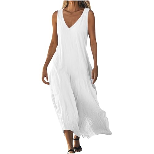 AYSDSKI Musselin Sommerkleid Damen V-Ausschnitt Tankkleid Einfarbig Maxikleid Lockere Kleider Lang Ärmellos Kleid Sommer Dress Freizeitkleid von AYSDSKI