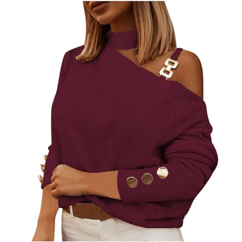 AYSDSKI One Shoulder Strickpullover Damen Einfarbig Strickpulli Autumn Winter Strick Pullover Langarm Gestrickter Pulli Lässige Oberteile mit Knöpfen Streetwear von AYSDSKI