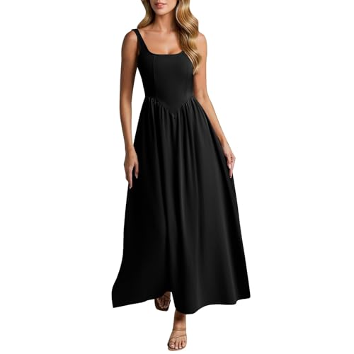 AYSDSKI Sommerkleid Damen Lang Einfarbig Tankkleid Hohe Taille Maxikleid Eckiger Ausschnitt Ballkleider Ärmellos Kleider Sommer Abendkleider Falten Tunikakleid Kleid von AYSDSKI