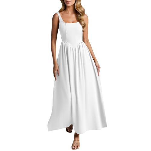 AYSDSKI Sommerkleid Damen Lang Einfarbig Tankkleid Hohe Taille Maxikleid Eckiger Ausschnitt Ballkleider Ärmellos Kleider Sommer Abendkleider Falten Tunikakleid Kleid von AYSDSKI