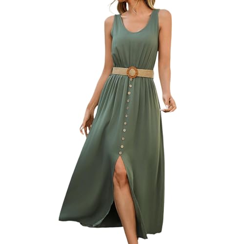 AYSDSKI Sommerkleid Damen Lang Einfarbig Tankkleid U Ausschnitt Kleider Lockere Kleid mit Schlitz Sommer Ärmellos Dress (ohne Gürtel) von AYSDSKI