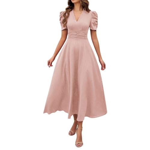 AYSDSKI Sommerkleid Damen Lang V-Ausschnitt Kleider Einfarbig Maxikleid Hohe Taille Kleid Elegant Puffärmel Dress Kurzarm Strandkleid Sommer Cocktailkleid von AYSDSKI