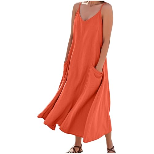 AYSDSKI Sommerkleid Damen Musselin Kleider Lang Trägerkleid Einfarbig Ärmellos Tunikakleid V-Ausschnitt Dress mit Taschen Lockere Kleid mit Verstellbarer Schultergurt Sommer Freizeitkleid Strandkleid von AYSDSKI
