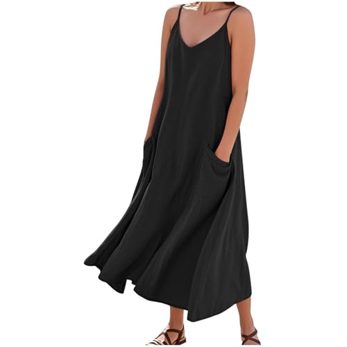 AYSDSKI Sommerkleid Damen Musselin Kleider Lang Trägerkleid Einfarbig Ärmellos Tunikakleid V-Ausschnitt Dress mit Taschen Lockere Kleid mit Verstellbarer Schultergurt Sommer Freizeitkleid Strandkleid von AYSDSKI