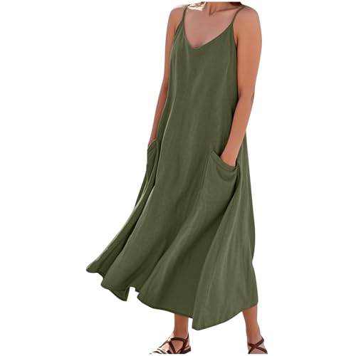 AYSDSKI Sommerkleid Damen Musselin Kleider Lang Trägerkleid Einfarbig Ärmellos Tunikakleid V-Ausschnitt Dress mit Taschen Lockere Kleid mit Verstellbarer Schultergurt Sommer Freizeitkleid Strandkleid von AYSDSKI