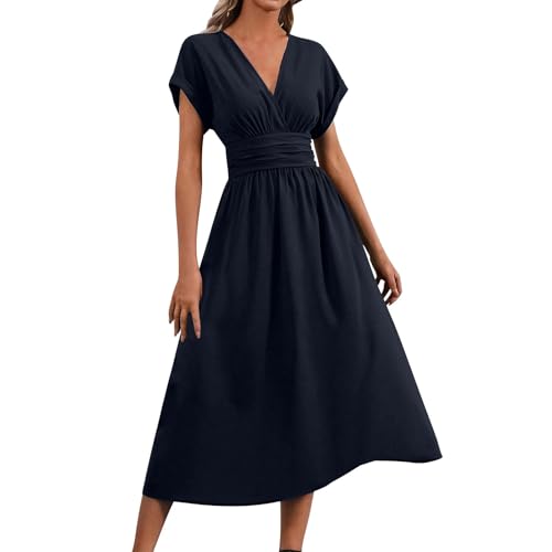 AYSDSKI Sommerkleid Damen V-Ausschnitt Tunikakleid Kurzarm Wickelkleid Einfarbig Kleider Fledermausärmeln Ballkleider Falten Dress Elegant Kleid Sommer Cocktailkleid von AYSDSKI