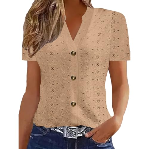 AYSDSKI Strickpulli Damen Sommer V-Ausschnitt Strick Bluse Einfarbig Strickpullover Lochstickerei Bluseshirt Lässige Button-Down Oberteile Hohl Kurzarm Tops von AYSDSKI
