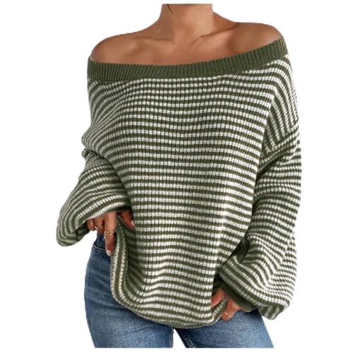 AYSDSKI Strickpullover Damen Gestreift Strick Pullover Off Shoulder Strickpulli Lockere Langarm Gestrickter Pulli Autumn Winter Grobstrick Bluse Elegant Slash Neck Oberteile Streetwear von AYSDSKI