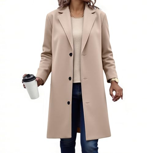 AYSDSKI Trenchcoat Damen Lang Einfarbig Woll Winterjacke Umlegekragen Einreihig Wollmantel Langarm Warm Wolljacke Elegante Schlanke Knöpfe Wintermantel Mittellanges Jacke Klassisch Mantel von AYSDSKI