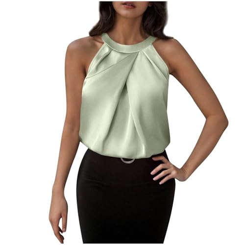 AYSDSKI Unterhemd Damen Sommer Einfarbig Ärmellos Bluse Satin Tops Falten Blusentop Rundhal Tank Top Klassische Passform Oberteile Elegant Pullover Strandshirt von AYSDSKI