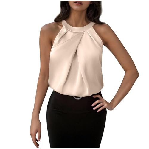 AYSDSKI Unterhemd Damen Sommer Einfarbig Ärmellos Bluse Satin Tops Falten Blusentop Rundhal Tank Top Klassische Passform Oberteile Elegant Pullover Strandshirt von AYSDSKI