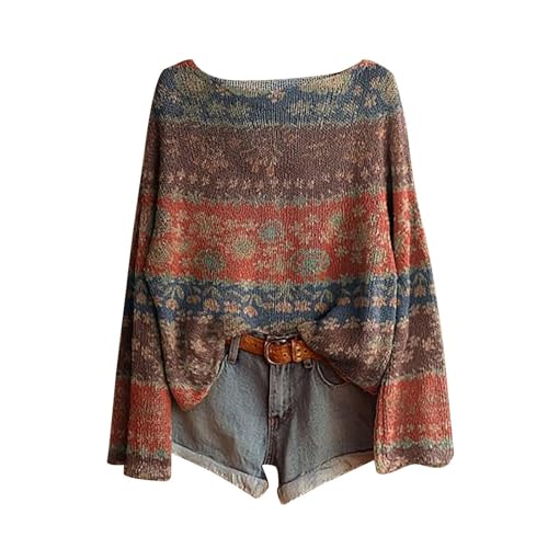 AYSDSKI Weihnachtspullover Damen Rundhals Boho Strickpullover Farbverlauf/Ethnische Strickpulli Elegante Oversize Langarmshirts Vintage Sweater Autumn Winter Pulli Langarm Oberteil Blusetop von AYSDSKI