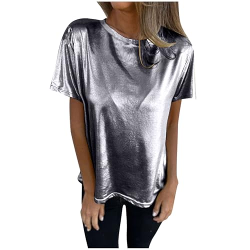 AYSDSKI Wetlook T-Shirt Damen Y2k Tshirt Einfarbig Shiny Bluse Lockere Oberteile Holiday Party Tops Rundhal Blusentop Sommer Kurzarm Pullover von AYSDSKI