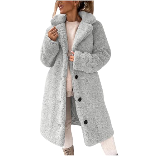 AYSDSKI Winterjacke Damen Lang Einfarbige Fleecejacke Umschlagkragen Teddyjacke Lanagrm Teedyfleece Jacke Button-Down Warmer Wintermantel Mittlere Länge Mantel Weiche Teddy Fleece Trenchcoat von AYSDSKI