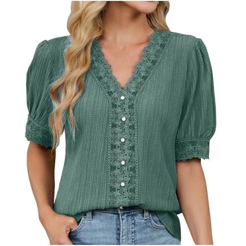 Amazon Last Minute Angebote Bluse Damen Spitze Patchwork Oberteile Boho Sommerbluse Einfarbig T-shirt V-Ausschnitt Pullover Lockere Falten Blusentop Frühjahr Sommer Kurzarm Tops Strandshirt Loungewear von AYSDSKI
