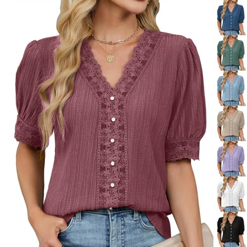 Black Friday Bluse Damen Spitze Patchwork Oberteile Boho Sommerbluse Einfarbig T-Shirt V-Ausschnitt Pullover Lockere Falten Blusentop Elegant Frühjahr Sommer Kurzarm Tops Strandshirt Loungewear von AYSDSKI