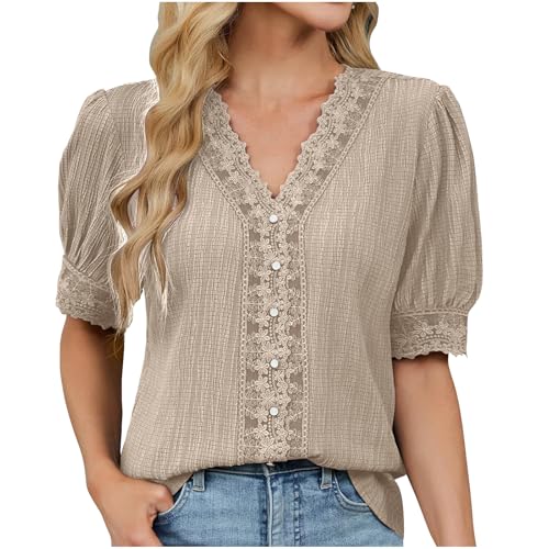 Black Friday Bluse Damen Spitze Patchwork Oberteile Boho Sommerbluse Einfarbig T-Shirt V-Ausschnitt Pullover Lockere Falten Blusentop Elegant Frühjahr Sommer Kurzarm Tops Strandshirt Loungewear von AYSDSKI