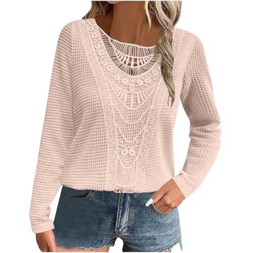 Blitzangebote des Tages Heute Eleganter Longsleeve Damen Einfarbig Pullover Waffel Strickbluse Modisches Spitzenbesatz Langarmshirt Ausgehöhlt Rundhals Pulli Tops Gestrickt Bluse Shirt Partywear von AYSDSKI
