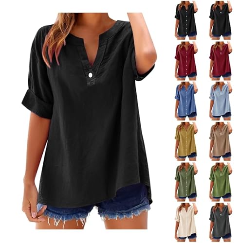 Discounter Musselin Bluse Damen Einfarbig Hemdbluse Lockere T-Shirt Sommerbluse Kurzarm V-Ausschnitt Pullover Atmungsaktiv Frühjahr Sommer Kurzarmbluse Lässige Button-Down Tops Strandshirt von AYSDSKI