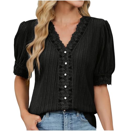 Geschenke für Frauen Bluse Damen Spitze Patchwork Oberteile Boho Sommerbluse Einfarbig T-shirt V-Ausschnitt Pullover Lockere Falten Blusentop Elegant Frühjahr Sommer Kurzarm Top Strandshirt Loungewear von AYSDSKI