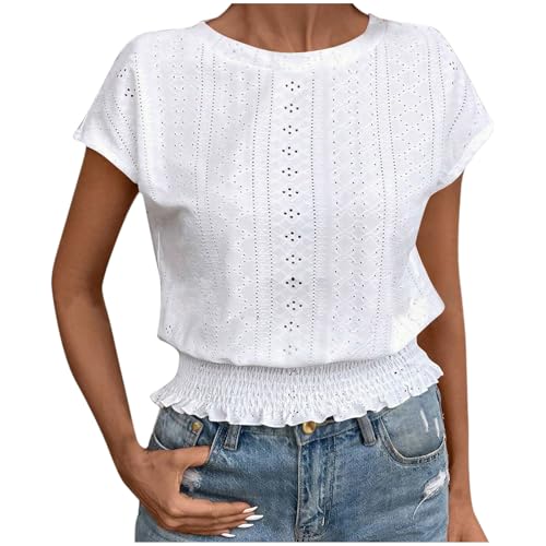Kurz Bluse Damen Einfarbig Pullover Lochstickerei T-Shirt Klassische Passform Oberteile Elegant Eyelet Sommerbluse O-Ausschnitt Blusentop mit Plissierter Saum Frühjahr Sommer Kurzarmbluse Strandshirt von AYSDSKI