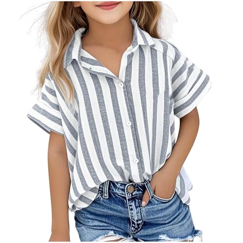 Kurzarm Bluse Mädchen Musselin Oberteile Revers Button-Down Sommerbluse Kinder Streifen Bluseshirt Atmungsaktiv Blusentop Baggy Passform Tops Frühjahr Sommer Kurzarmbluse Strandshirt 5-15 Jahre von AYSDSKI