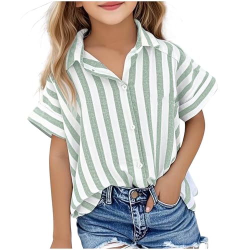 Kurzarm Bluse Mädchen Musselin Oberteile Revers Button-Down Sommerbluse Kinder Streifen Bluseshirt Atmungsaktiv Blusentop Baggy Passform Tops Frühjahr Sommer Kurzarmbluse Strandshirt 5-15 Jahre von AYSDSKI