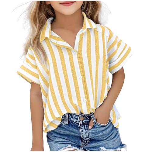 Kurzarm Bluse Mädchen Musselin Oberteile Revers Button-Down Sommerbluse Kinder Streifen Bluseshirt Atmungsaktiv Blusentop Baggy Passform Tops Frühjahr Sommer Kurzarmbluse Strandshirt 5-15 Jahre von AYSDSKI