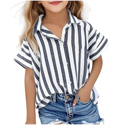 Kurzarm Bluse Mädchen Musselin Oberteile Revers Button-Down Sommerbluse Kinder Streifen Bluseshirt Atmungsaktiv Blusentop Baggy Passform Tops Frühjahr Sommer Kurzarmbluse Strandshirt 5-15 Jahre von AYSDSKI