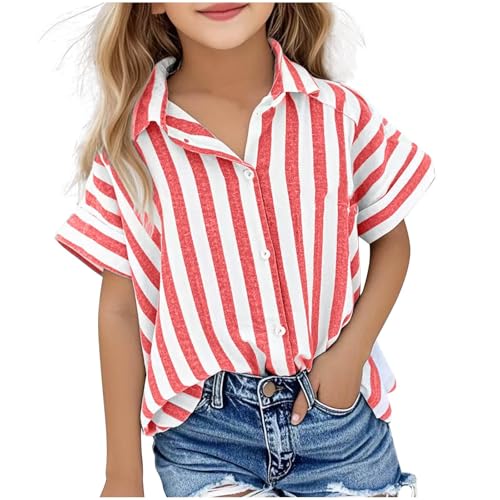 Kurzarm Bluse Mädchen Musselin Oberteile Revers Button-Down Sommerbluse Kinder Streifen Bluseshirt Atmungsaktiv Blusentop Baggy Passform Tops Frühjahr Sommer Kurzarmbluse Strandshirt 5-15 Jahre von AYSDSKI