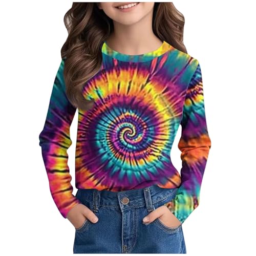 Langarmshirt Mädchen Bunte Blendendruck Oberteile für Party Trendy O-Ausschnitt Pullover Klassische Passform Sommerbluse Kinder Frühjahr Sommer Longsleeve Batik Druckt Blusentop 3-14 Jahre Sportshirt von AYSDSKI