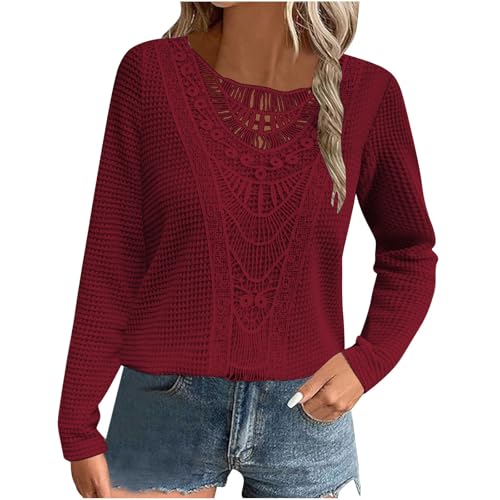 Personalisierte Geschenke Eleganter Longsleeve Damen Einfarbig Pullover Waffel Strickbluse Modisches Spitzenbesatz Langarmshirt Ausgehöhlt Rundhals Pulli Tops Gestrickt Bluse Shirt Partywear von AYSDSKI