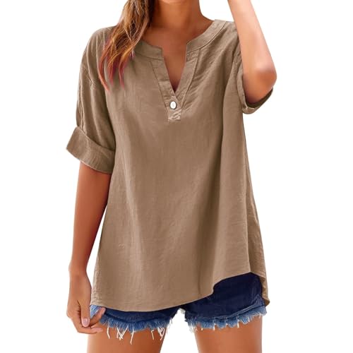 Personalisierte Geschenke Musselin Bluse Damen Einfarbig Hemdbluse Lockere T-Shirt Sommerbluse Kurzarm V-Ausschnitt Pullover Atmungsaktiv Frühjahr Sommer Kurzarmbluse Lässige Tops Strandshirt von AYSDSKI