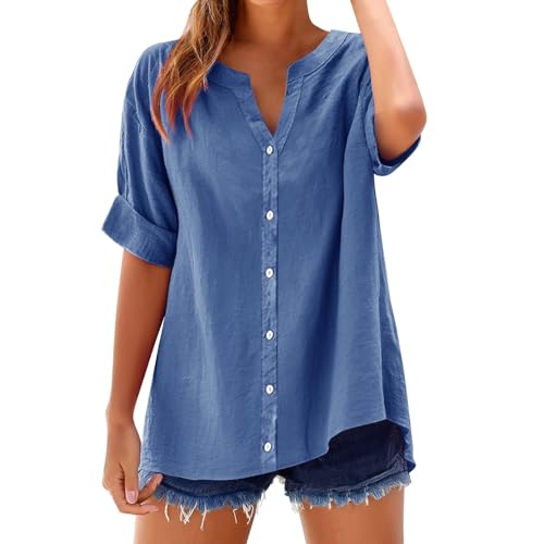 Tagesangebote Heute Musselin Bluse Damen Einfarbig Hemdbluse Lockere T-Shirt Sommerbluse Kurzarm V-Ausschnitt Pullover Atmungsaktiv Frühjahr Sommer Kurzarmbluse Lässige Button-Down Tops Strandshirt von AYSDSKI